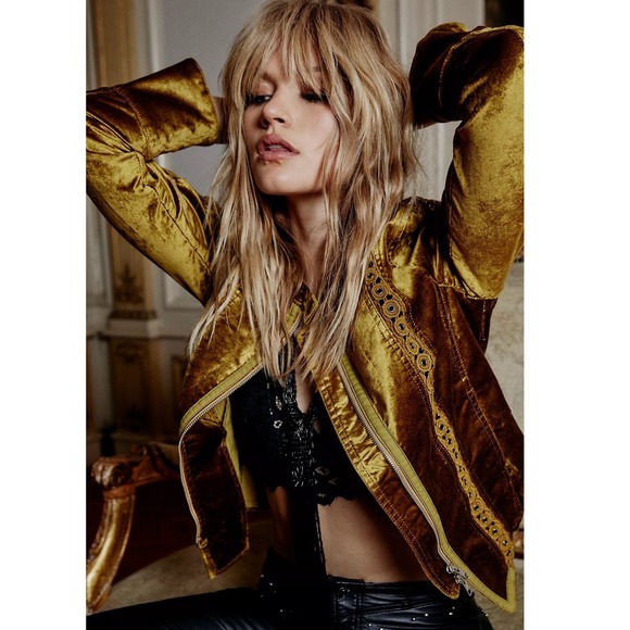 Free People NWT Margot Bohemian Golden Velvet Lace Detail Zip Up Jacket Size XL